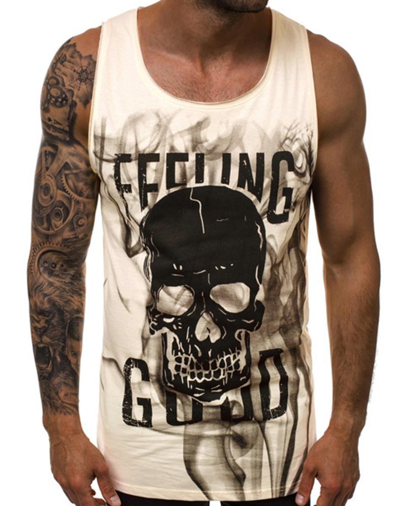 

Skull & Letter Print Sleeveless Tank, Khaki
