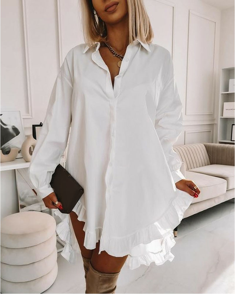

High-Low Ruffle Hem Button Down Shirt Dress, White