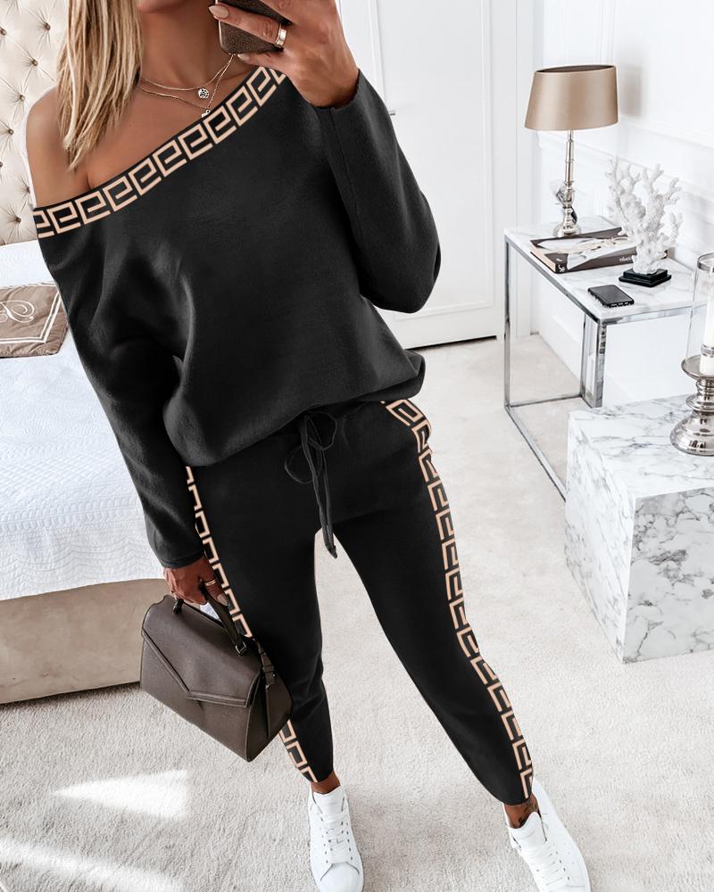 

Geo Tape Patch Top & Drawstring Pants Set, Black