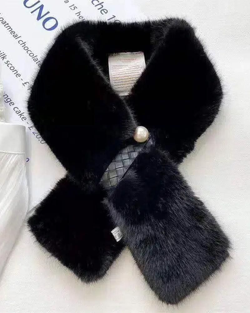 

Winter Soft Cross Neck Plush Pearl Decor Thicken Faux Rabbit Fur Shawl Collar Neck Wrap Scarf, Black