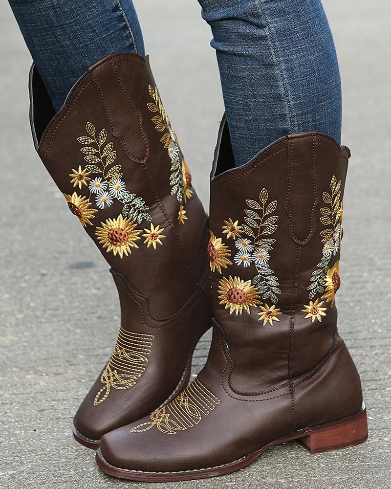 

Daisy Sunflower Embroidery Square Toe Chunky Cowboy Boots, Coffee