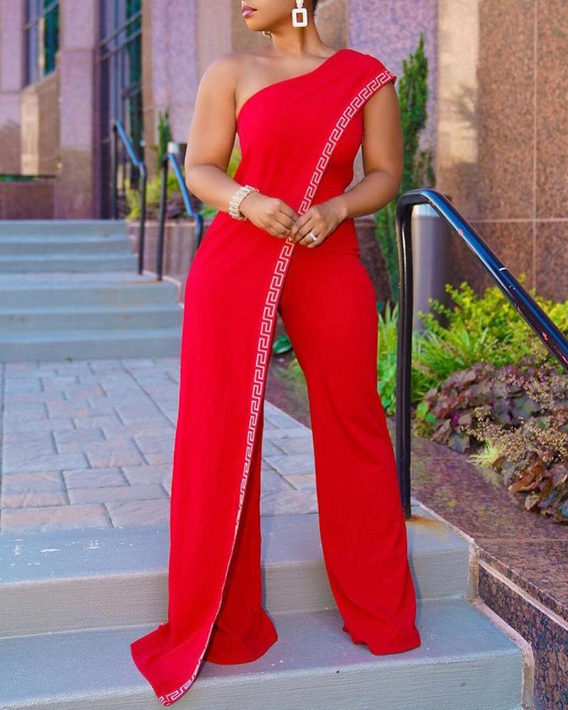 

Geometric One Shoulder Asymmetrical Top & Pants Set, Red