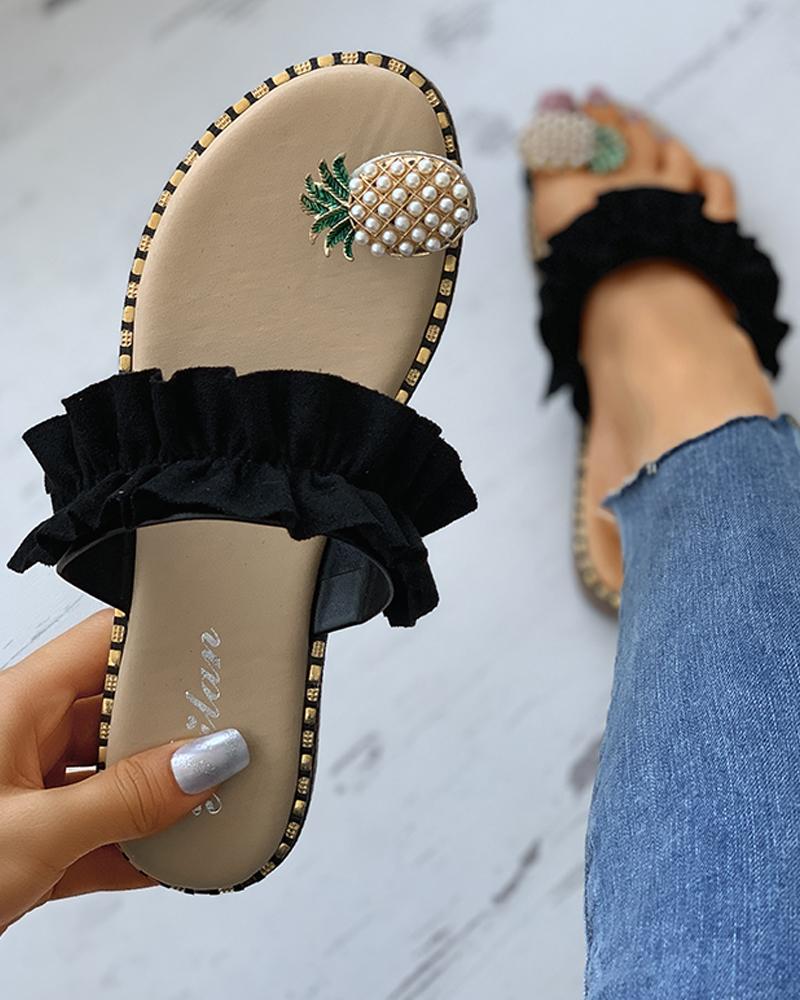 

Pineapple Pattern Toe Ring Frill Hem Casual Sandals, Black