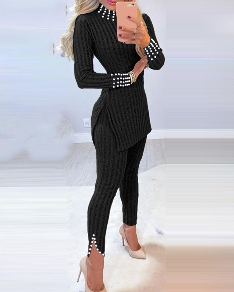 Beaded Side Slit Long Sleeve Top & Pants Set