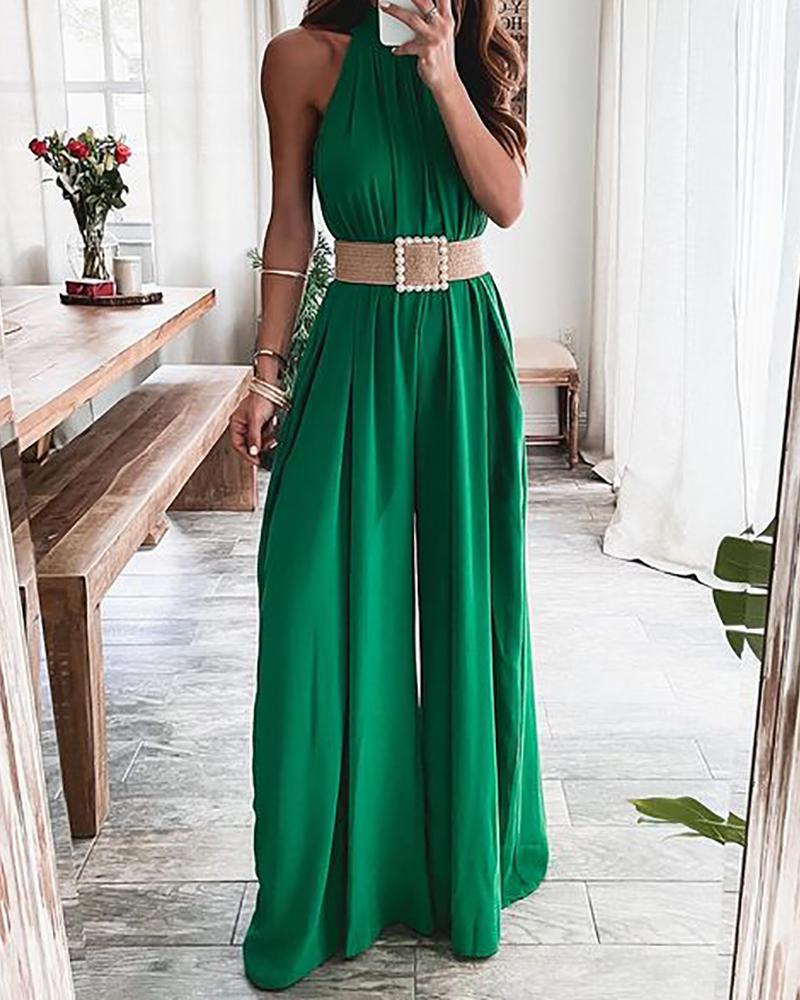 

O Neck Ruched Sleeveless Jumpsuit, Green