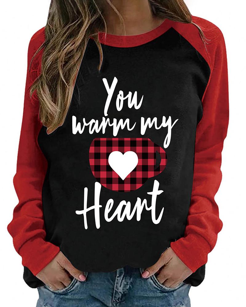 

Valentine' Day O-Neck Heart Print Colorblock Top, Style3