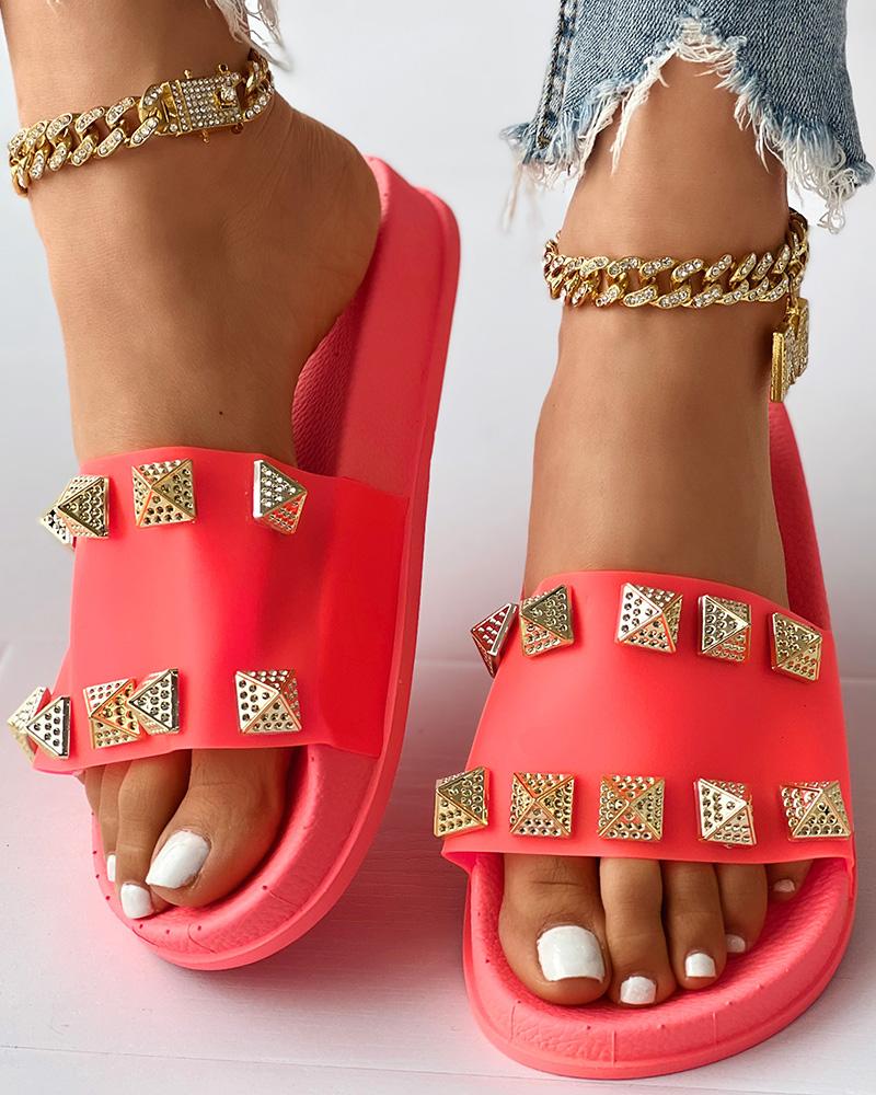 

Geometric Studded Casual Slippers, Hot pink