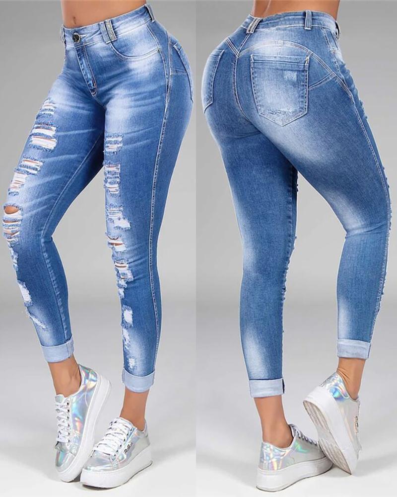 

High Waist Ripped Casual Jeans, Blue