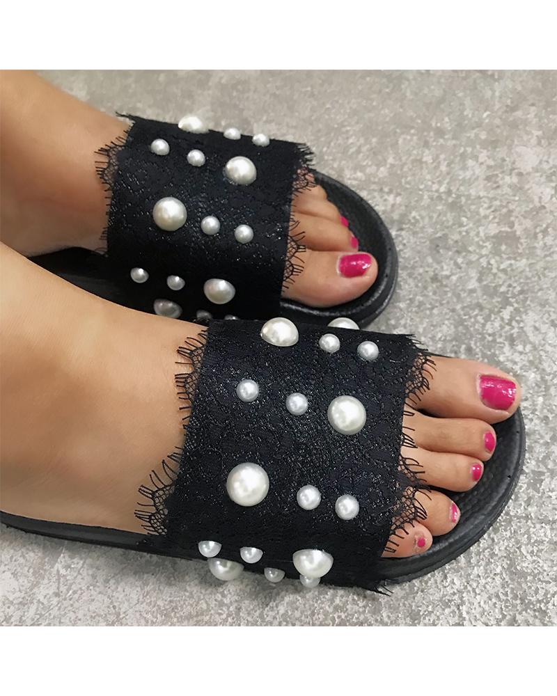 

Beaded Lace Contrast Flat Sandals, Black