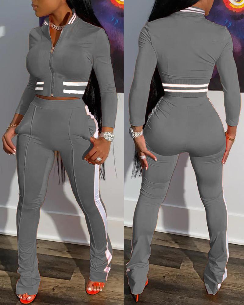 

Contrast Paneled Zip Up Bomber Jacket & Pants Set, Gray