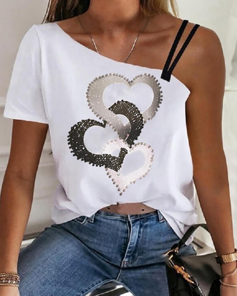 

Heart Print Asymmetrical Neck T-shirt, White