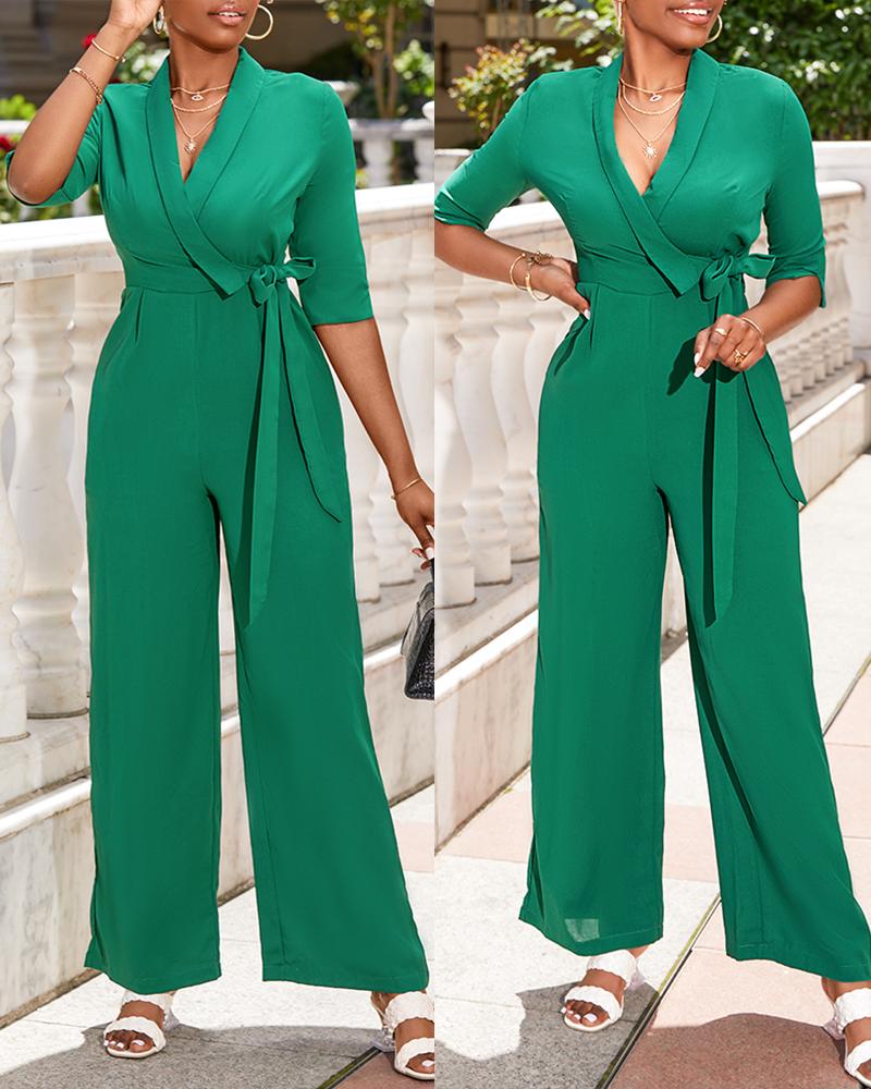 

Half Sleeve Wide Leg Work Jumpsuit, Green