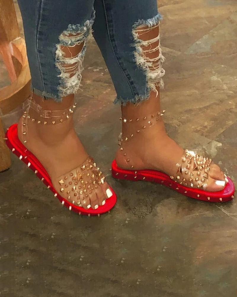 

Rivet Clear Perspex Ankle Strap Flat Slider Sandals, Red