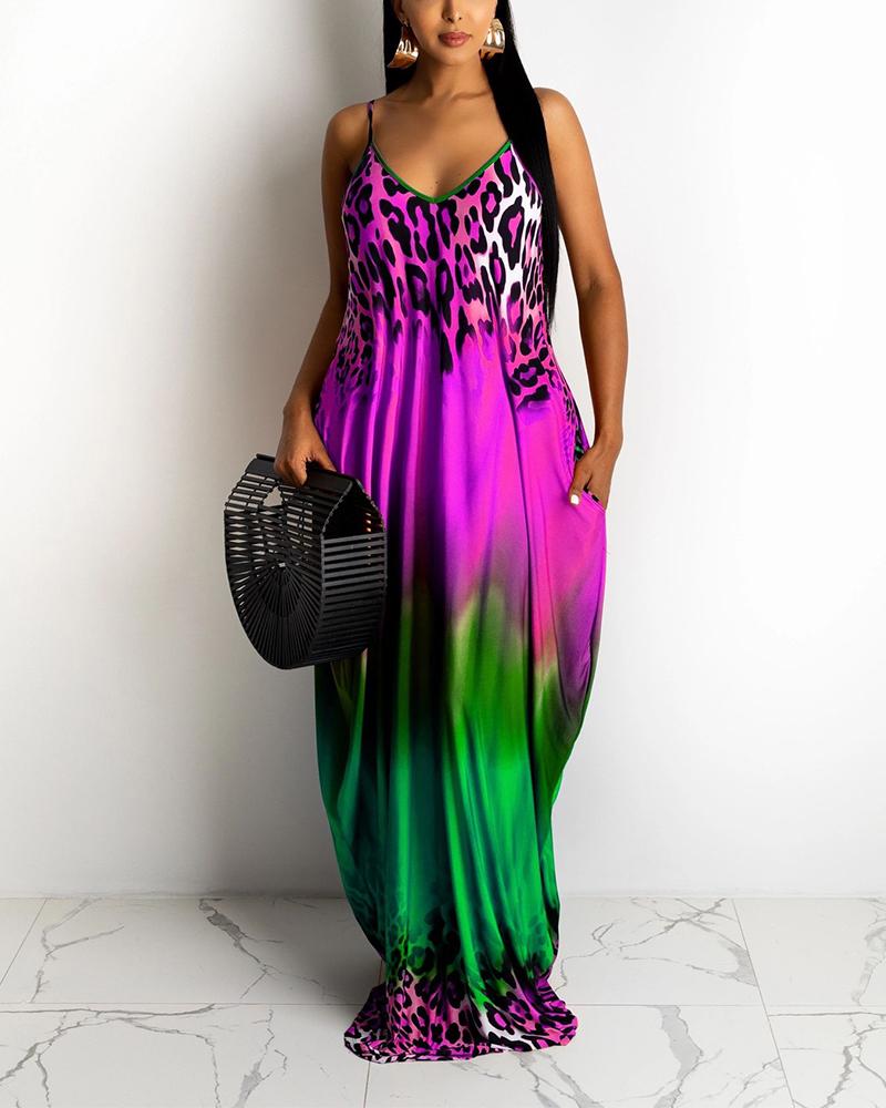 

Gradient Color Block Splicing Leopard Print Sling Loose Maxi Dress, Green