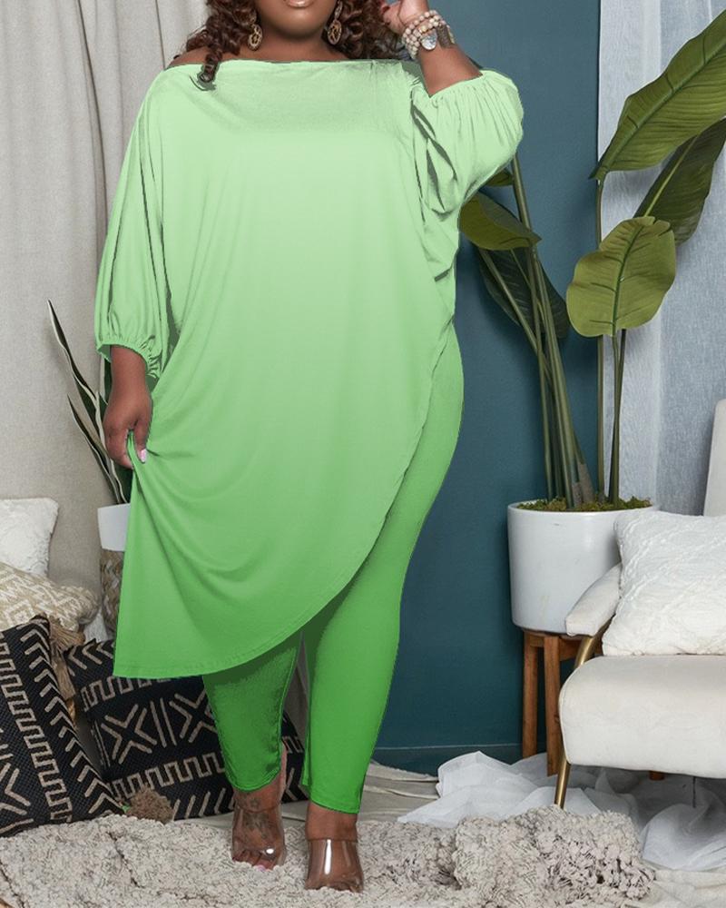 

Plus Size Ombre Asymmetrical Top & Pants Set, Green