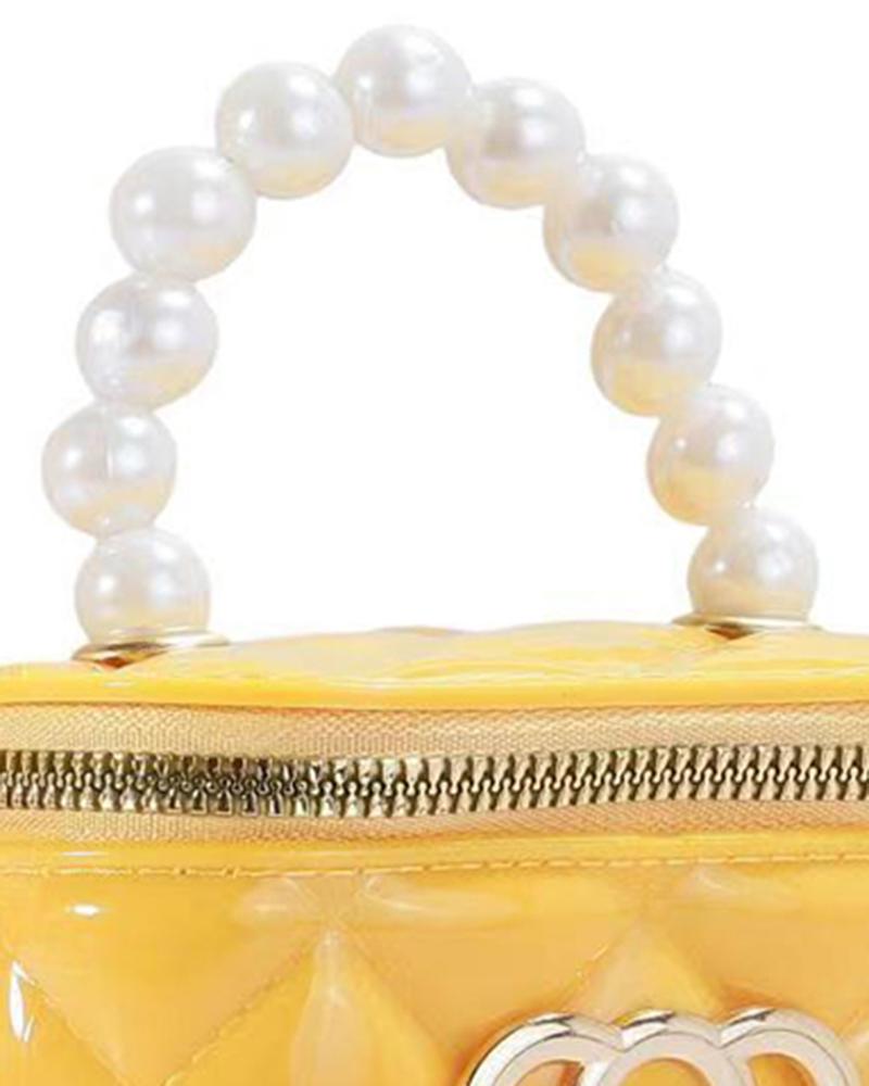 

Quilted Double Heart Beaded Strap Bucket Handbag, Yellow