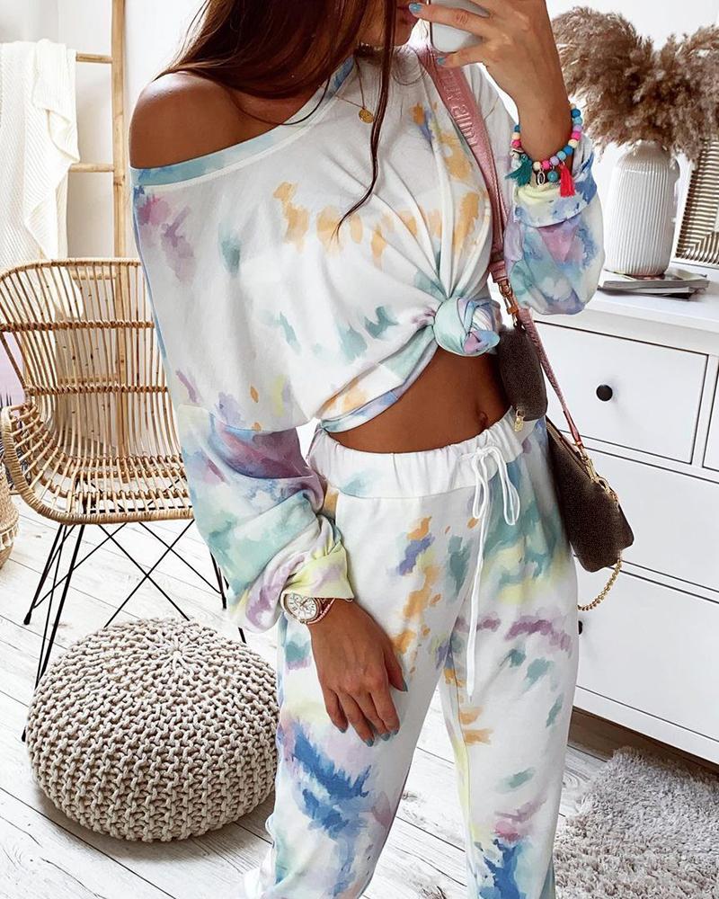 

Tie Dye Print Long Sleeve Top & Drawstring Pants Set, Multicolor