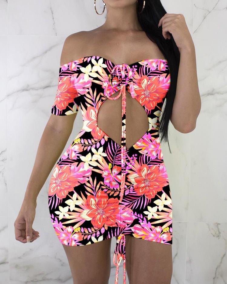 

Floral Ruched Drawstring Cutout Bodycon Dress, Multicolor