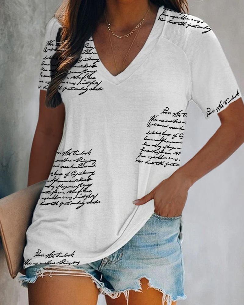 

V-Neck Short Sleeve Letter Print Casual T-shirt, White