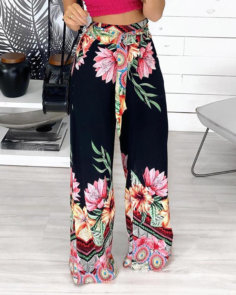 

Floral Print High Waist Wide Leg Pants, Black