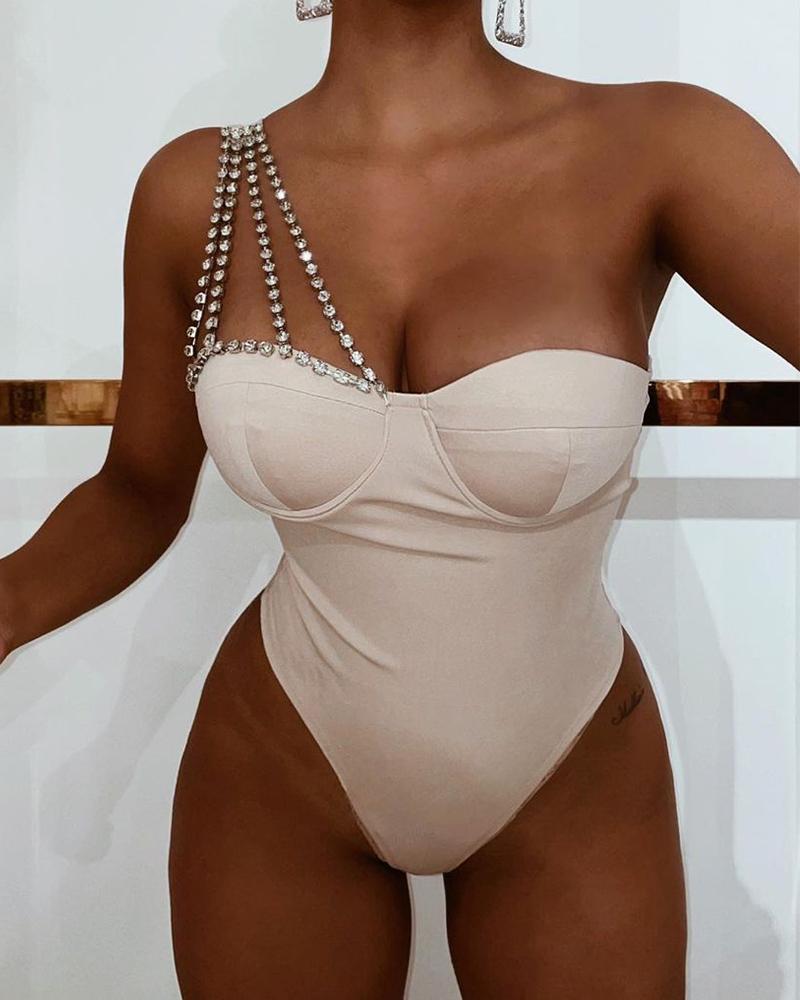 

One Shoulder Rhinestone Strap Skinny Bodysuit, Apricot