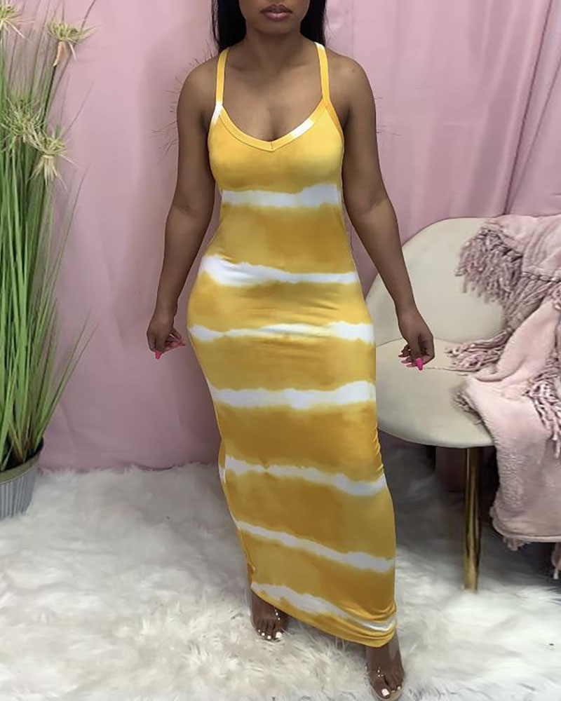 

Tie Dye Print V-Neck Thin Strap Maxi Dress, Yellow