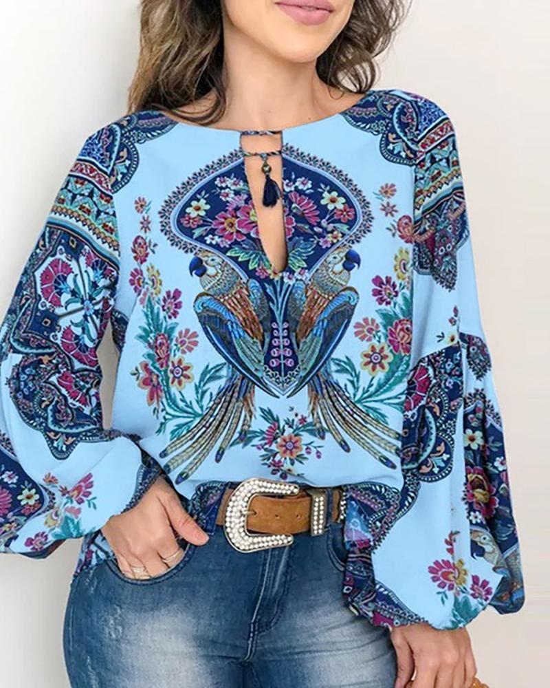 

Floral Graphic Print Lantern Sleeve Cutout Tassel Front Top, Blue