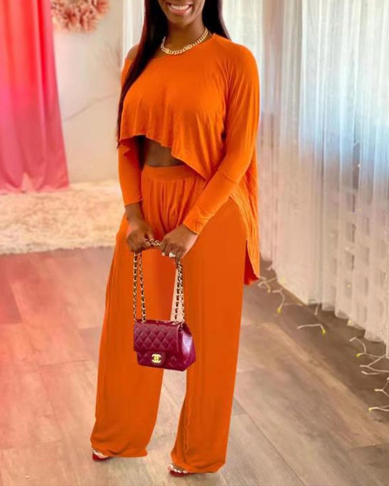 

Asymmetrical Crop Top & Wide Leg Pants Set, Orange