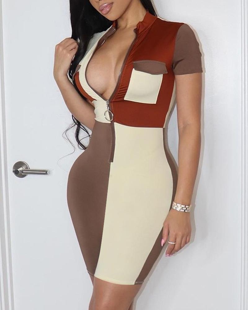 

Colorblock Zip Front Bodycon Dress, Brown