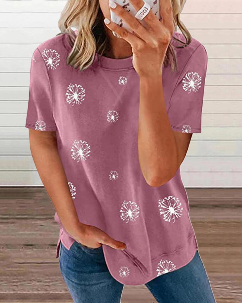 

Dandelion Print Round Neck Short Sleeve T-Shirt, Pink