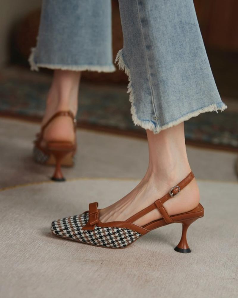 

Houndstooth Bowknot Pointed-toe High Heel Sandals, Brown