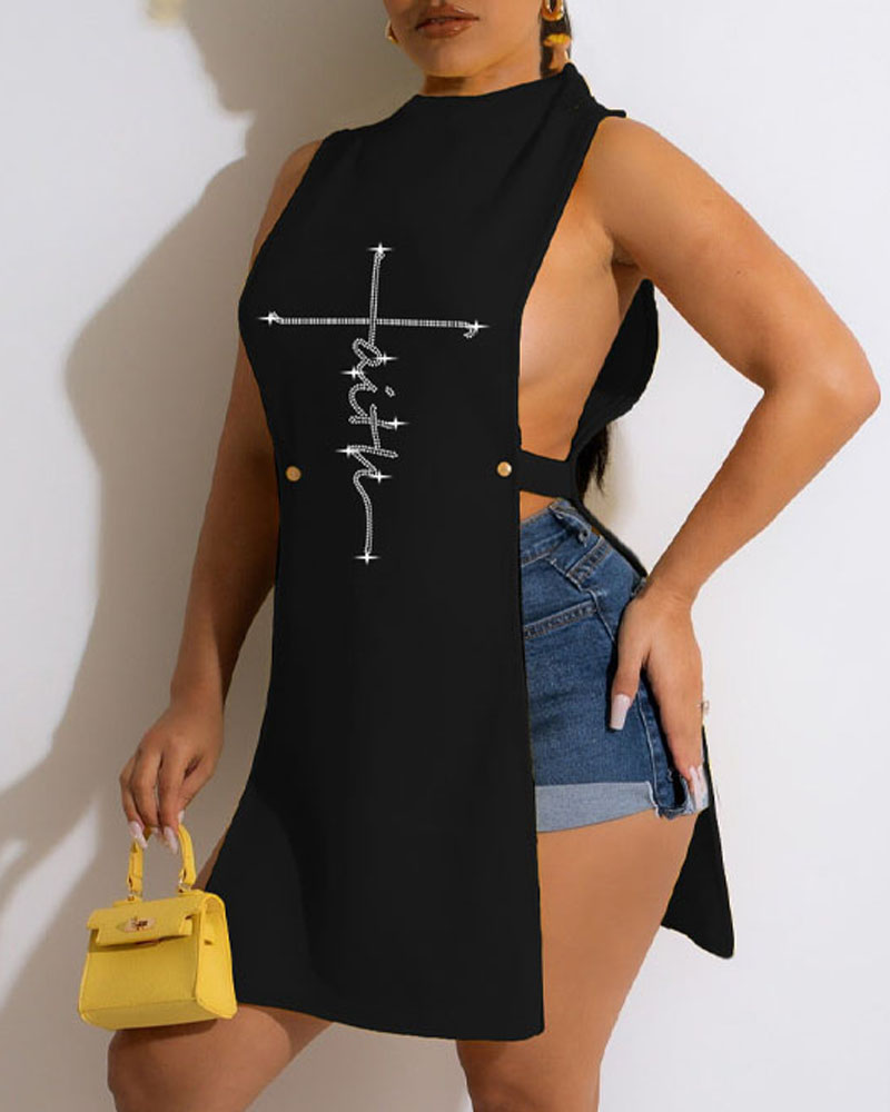 

Rhinestone Letter Pattern Split Hem Tank Top, Black
