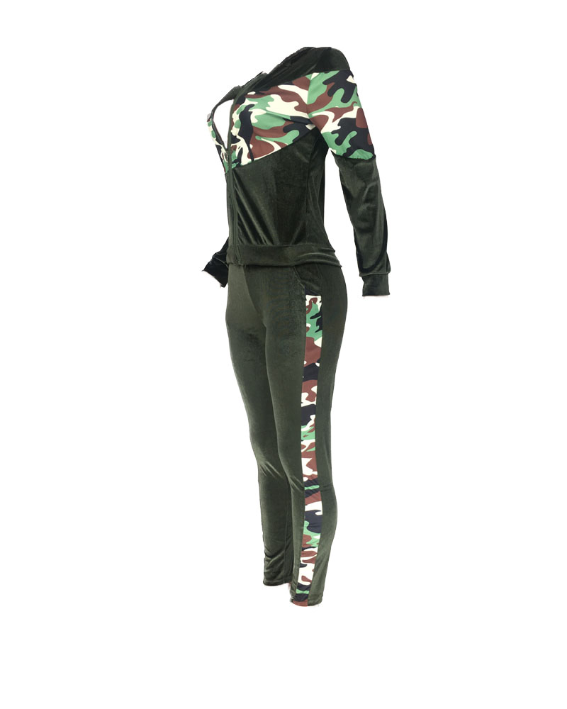 

Camo Patchwork Velvet Zip Up Hooded Top & Pants Set, Green