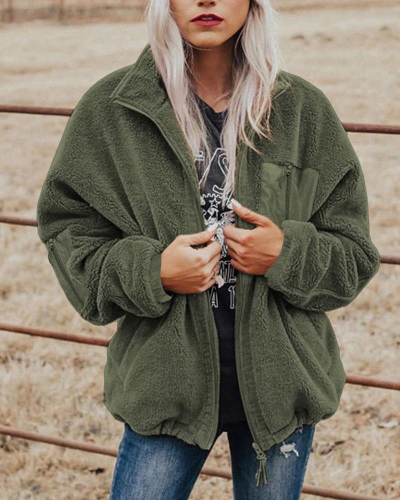 

Long Sleeve Pocket Detail Zip Up Teddy Coat, Green