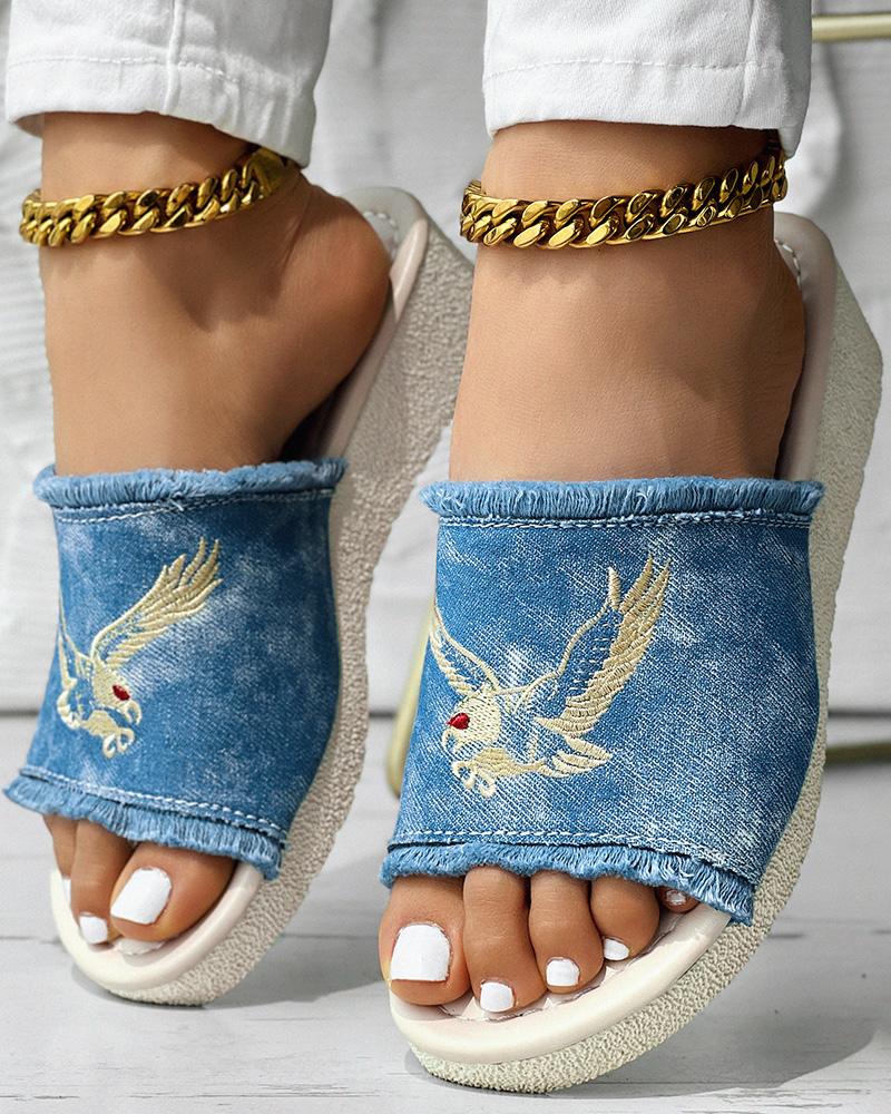 

Animal Pattern Fringe Hem Embroidery Denim Wedge Sandals, Light blue