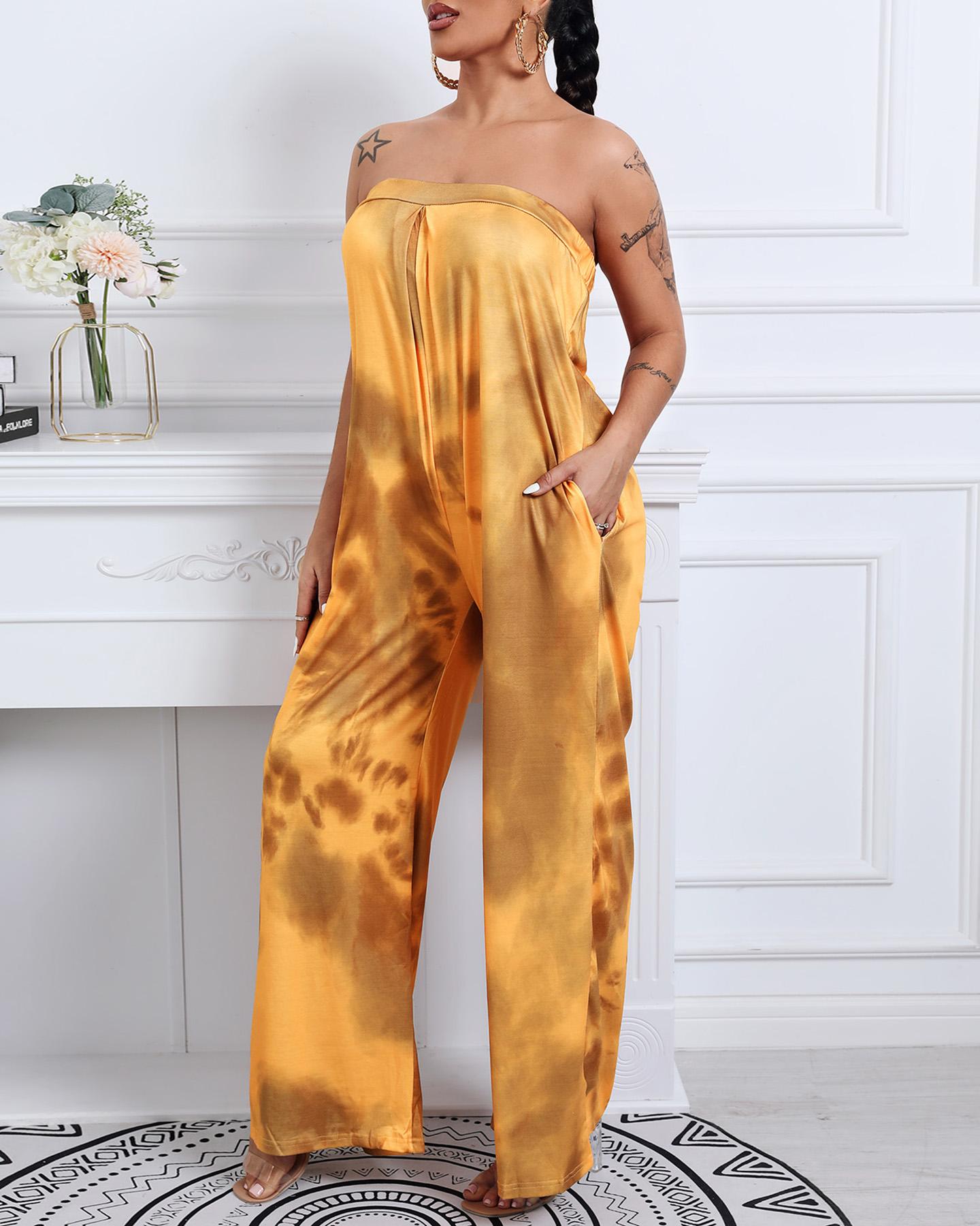 

Tie Dye Print Bandeau Ruched Jumpsuit, Orange