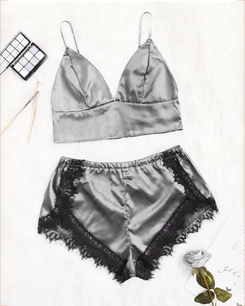 

Eyelash Lace V-neck Cami Set, Gray