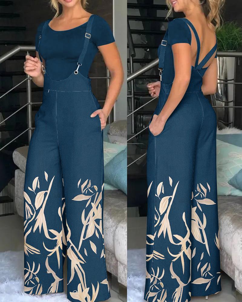 

Plants Print Wide Leg Suspender Jumpsuit, Purplish blue