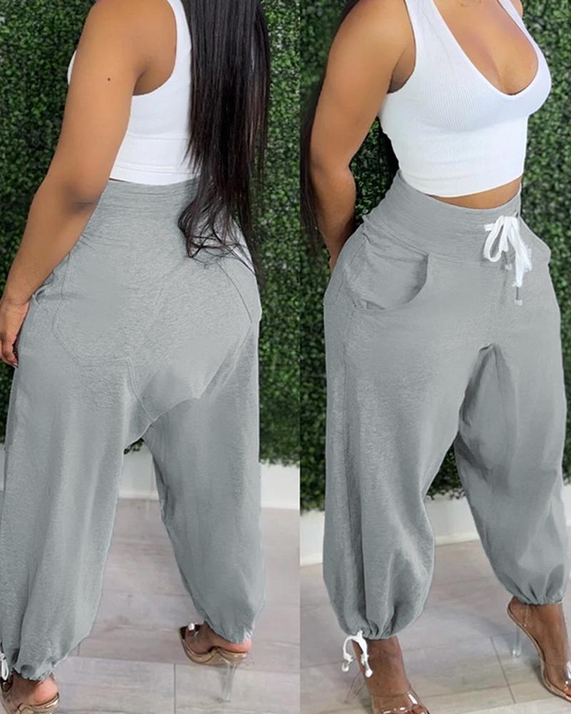 

Drawstring Pocket Design Casual Pants, Gray