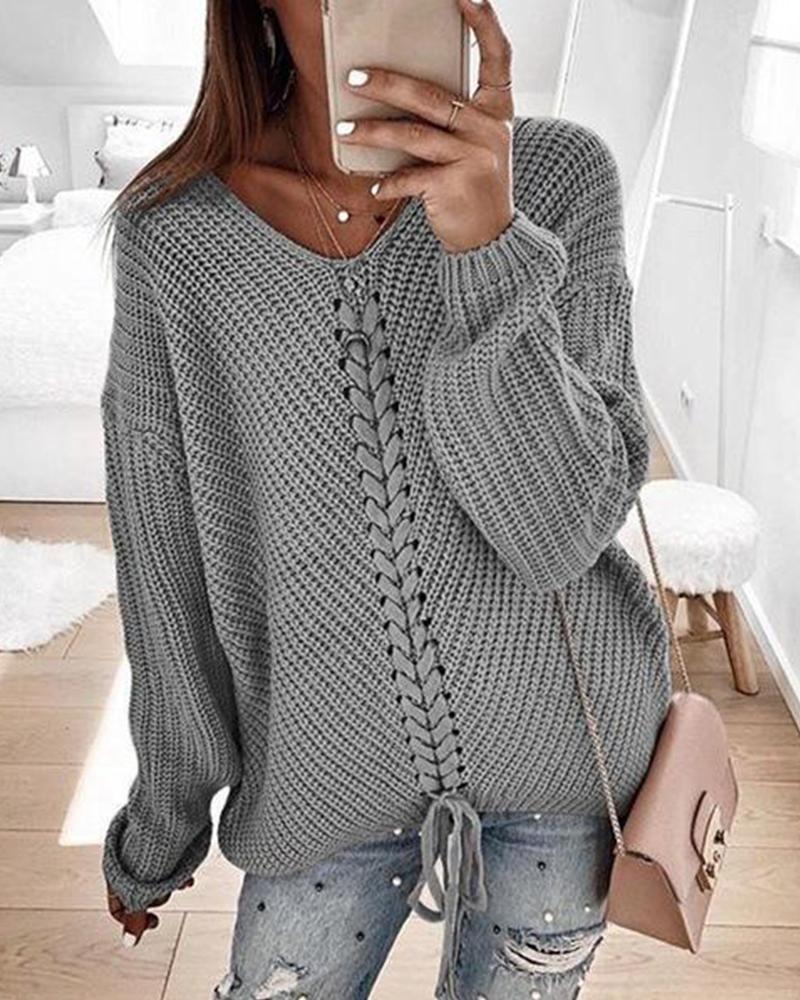 

V Neck Rib Knit Sweater, Gray