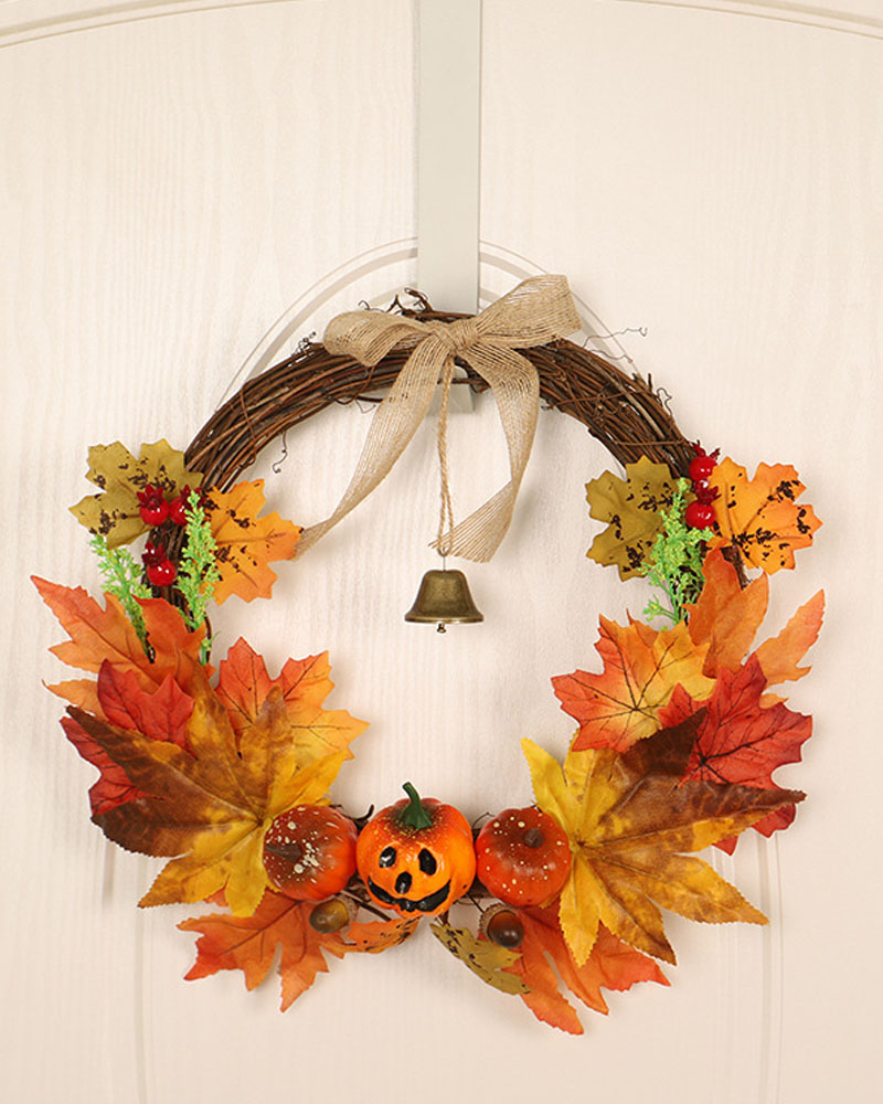 

Halloween Pumpkin Fall Wreath Autumn Wreath With Maple Leaves Pumpkin Berries Gold Bell Harvest Wreath For Front Door Wall Thanksgiving Decoration, Style1