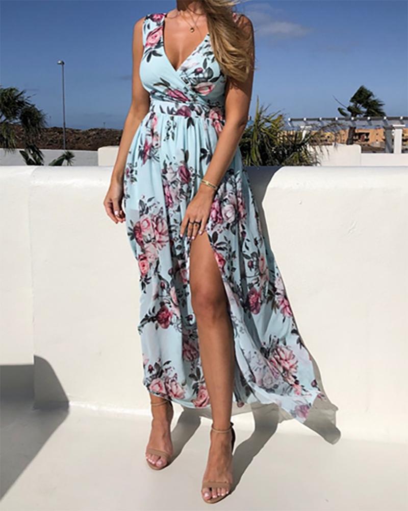 

Vacation Style All Over Print Skinny Waist Sleeveless Slit Chiffon Maxi Dress, Lighted blue