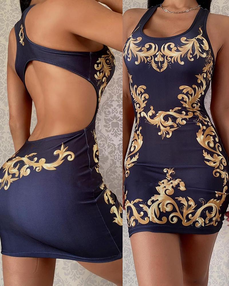 

Baroque Print Backless Bodycon Dress, Black