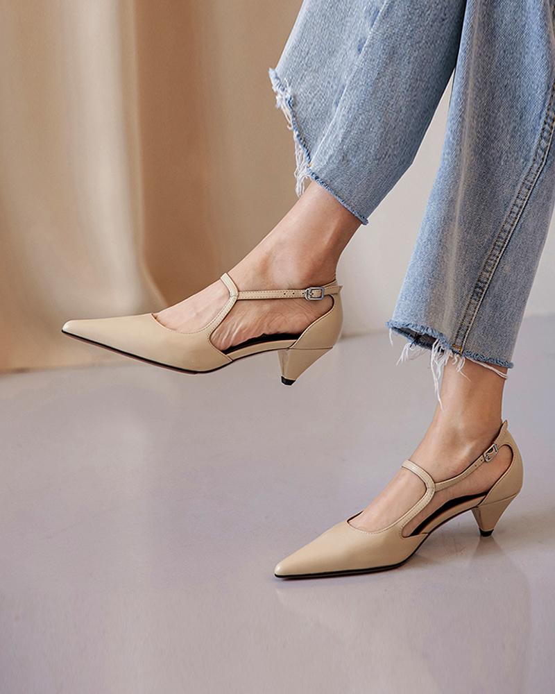 

Pointed Toe Buckled Cutout Heels, Apricot