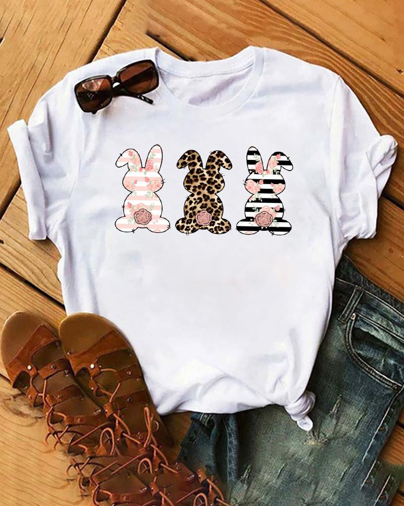 

Happy Easter Bunny Print T-shirt Holiday Graphic Tee, White
