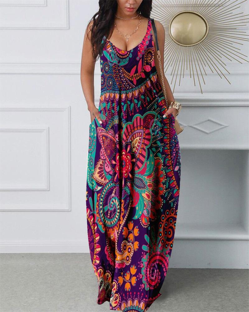 

Vintage Allover Print Pocket Design Dress, Multicolor