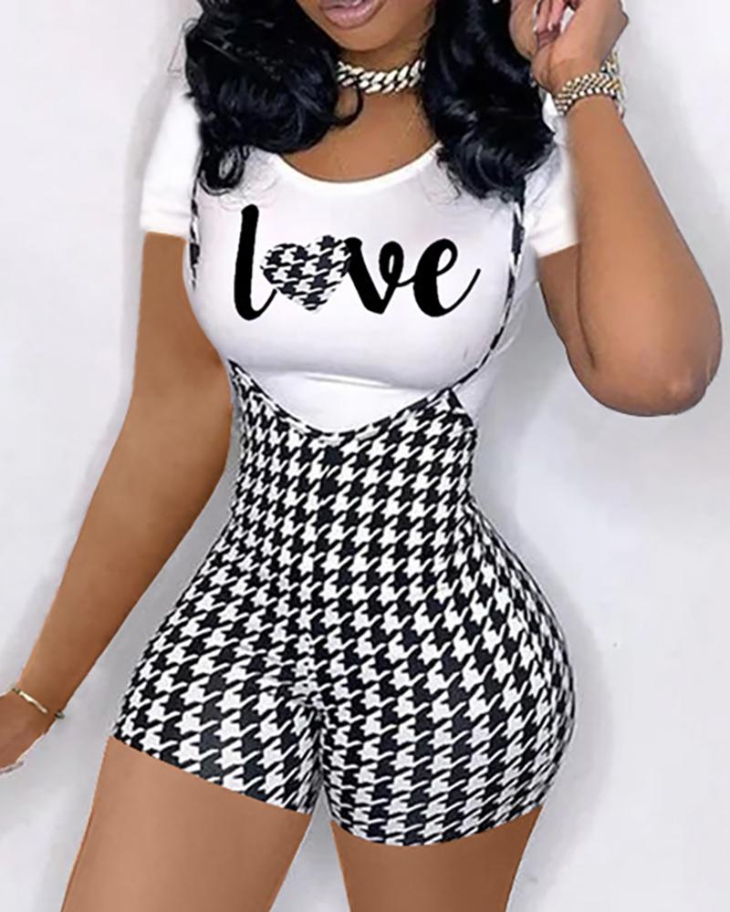 

Letter Heart Print Top & Houndstooth Print Suspender Shorts Set, Black