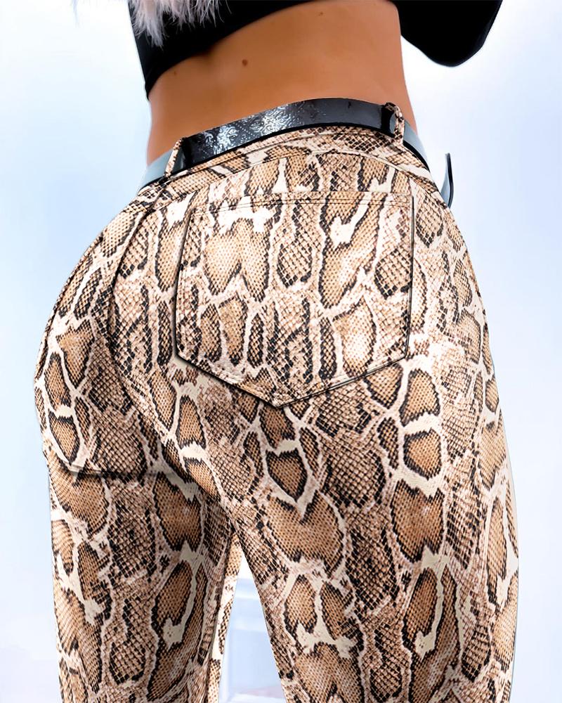 

Snakeskin Print Pocket Design High Waist Skinny Pants