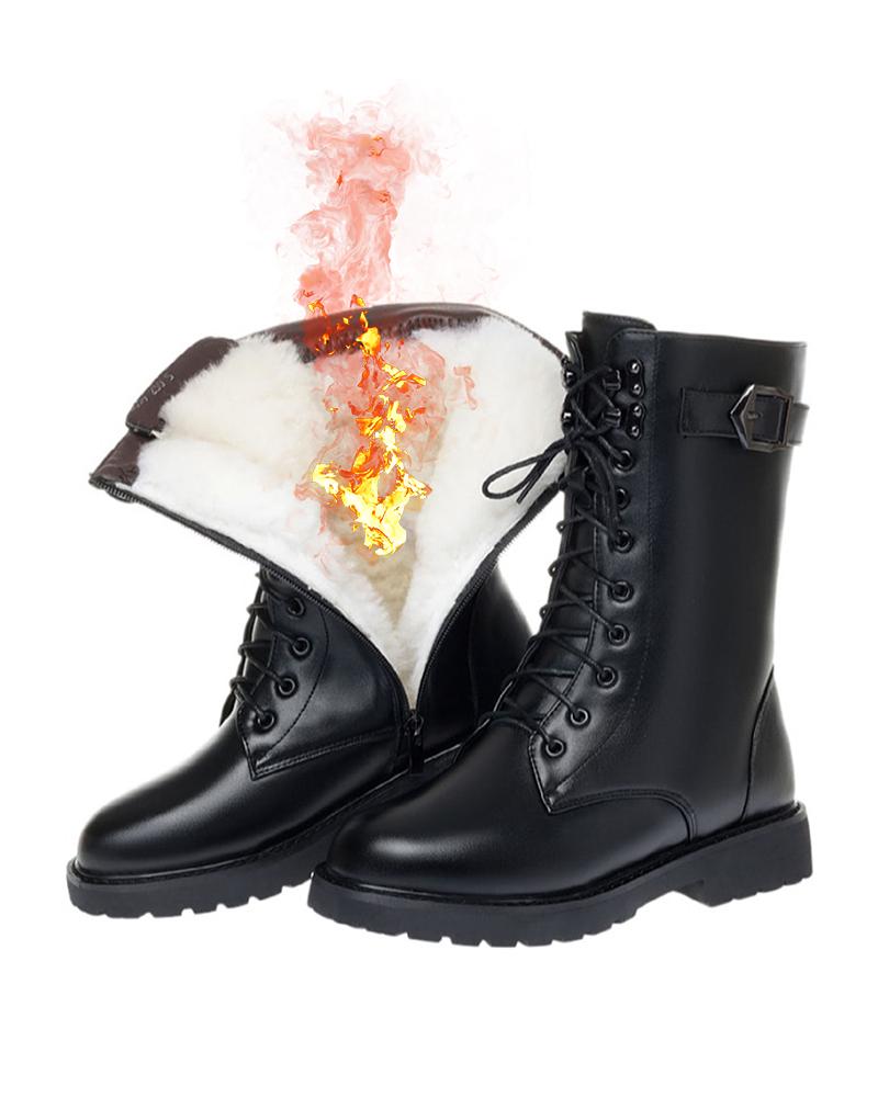 

Eyelet Lace-up Buckled Lined Calf Martin Boots, Black