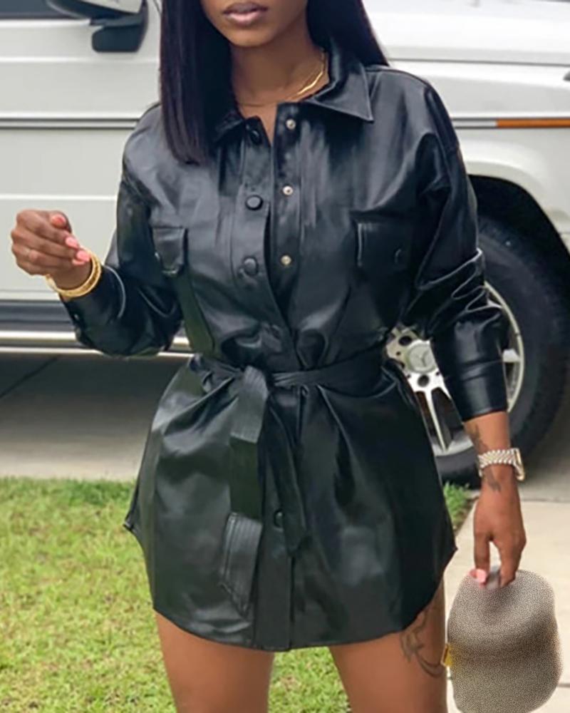

PU Leather Button Design Shirt Dress, Black